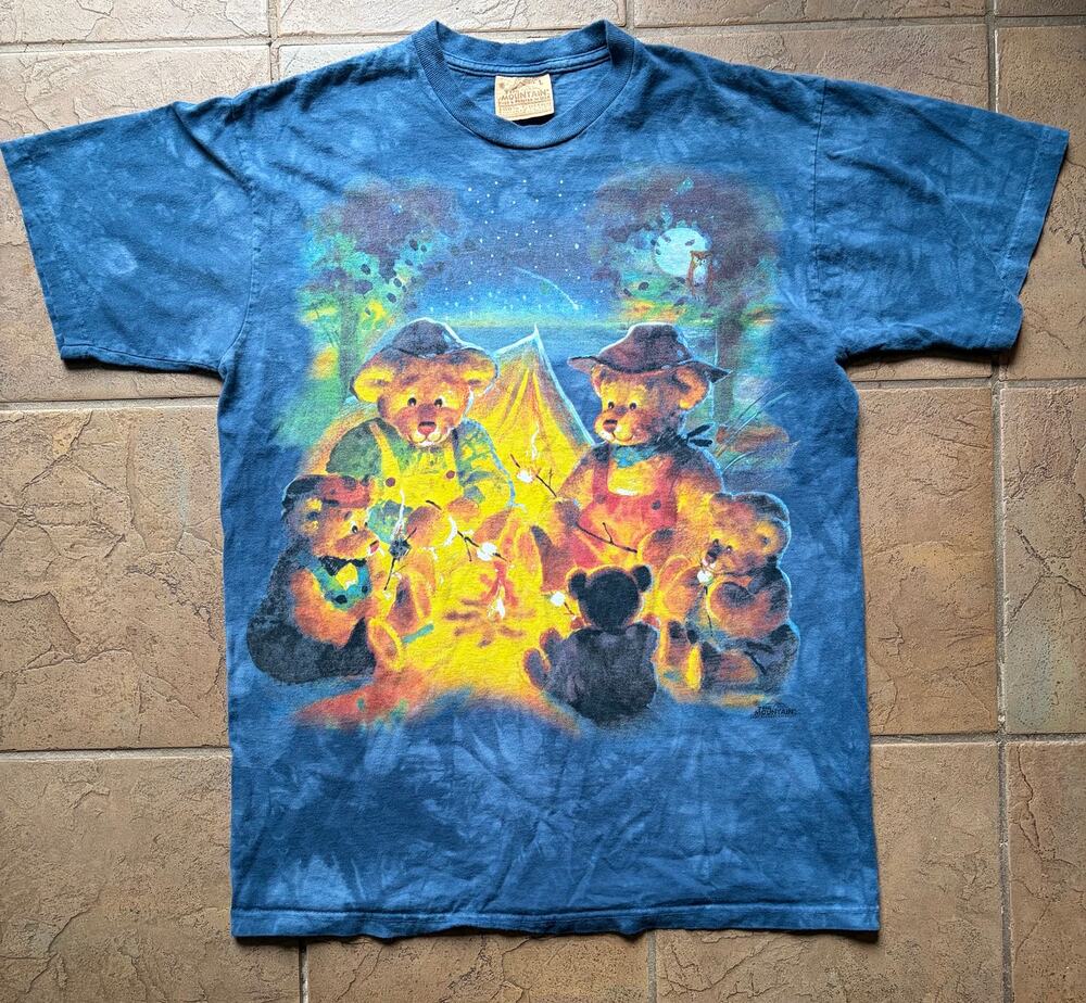 Y2K The Mountain Teddy Bear Campfire Tie Dye T-Shirt Large Blue 100% Cotton USA